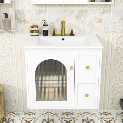 Meuble-lavabo mural avec lavabo et armoire peu encombrante avec porte vitrée
