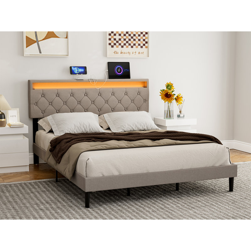 Bertwald Upholstered Headboard With 2 Usb Ports & Led Lights - Adjustable Height, Queen, Dark Gray