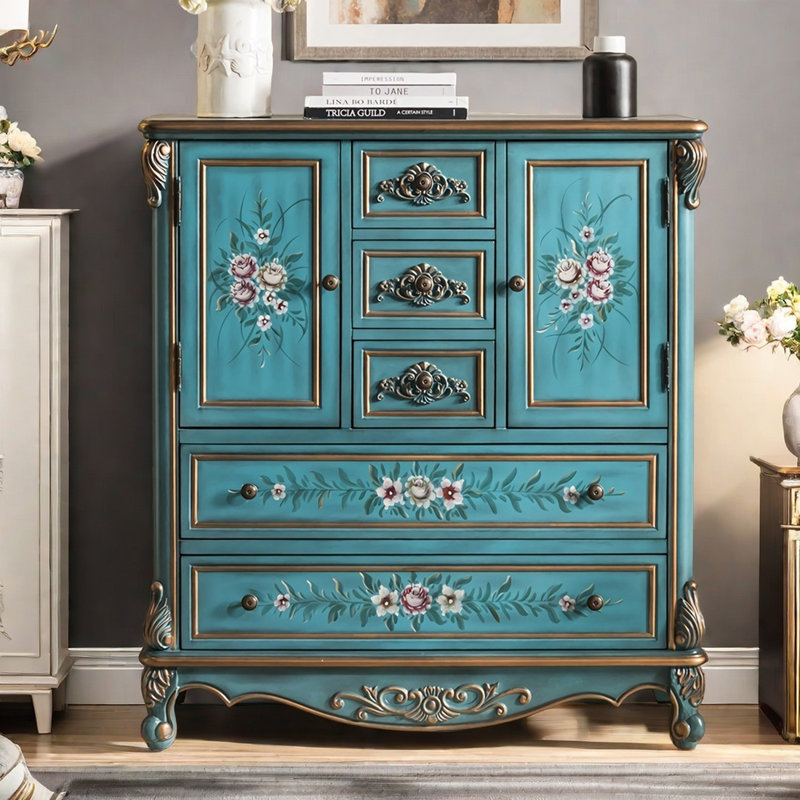 Vintage Solid Wood Hand Painted Accent Cabinet