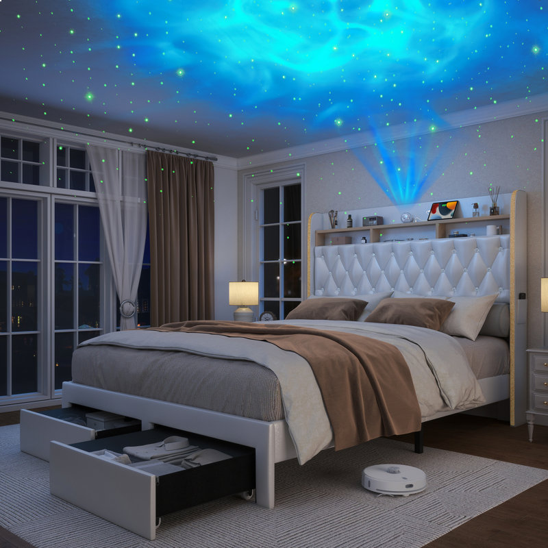 Structure de lit Galaxy Aurora avec 2 tiroirs de rangement et tête de lit tapissier capitonnée Diamond, Blanc, Très grand lit