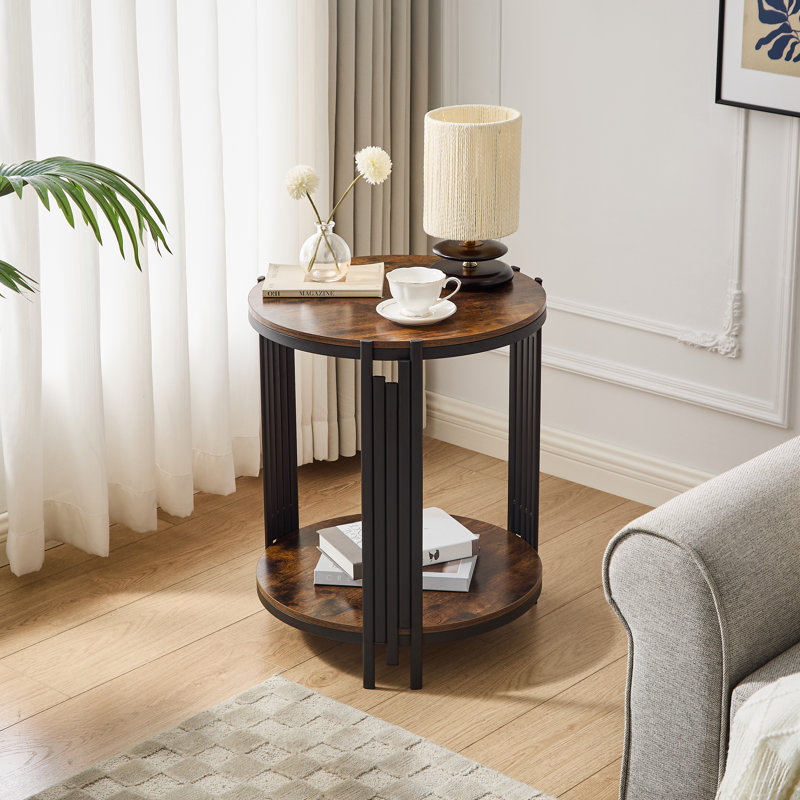 Table d'appoint ronde à deux niveaux en bois de 50 cm (19,7 po) avec cadre en métal noir de style industriel, Walnut