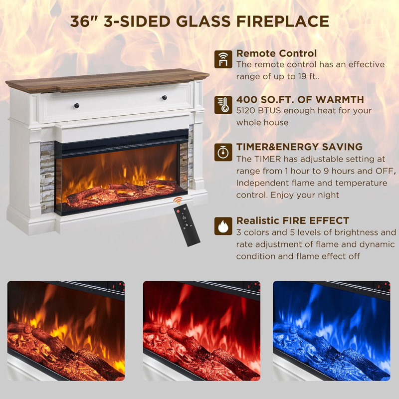 52" Tv Stand With Electric Fireplace With 3-Sided Glass, White