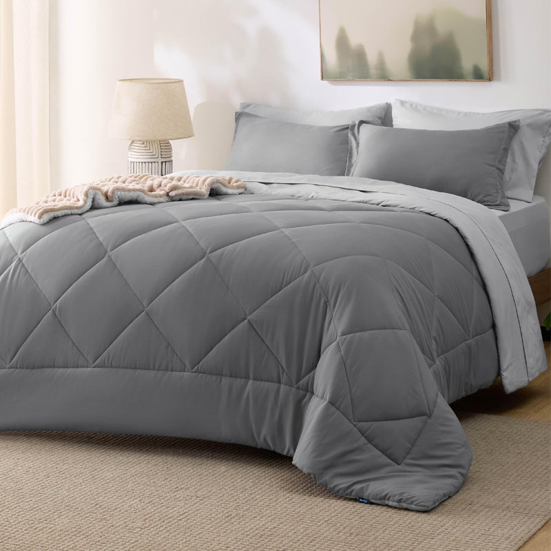 Best Seller Bedsure Comforter Set Reversible Bedding for All Seasons-89GSM, Queen Comforter + 6 Additional Pieces, Beige