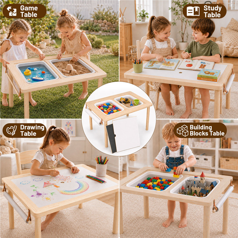 Table d'activités pour tout-petits avec 2 bacs sensoriels amovibles, plateaux double face, rouleau de papier à dessin et support, table de jeu en bois pour enfants