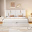 Grand lit plateforme tapissier avec système de rangement hydraulique, sans sommier tapissier, beige