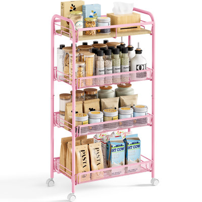 4-Tier Rolling Cart,Metal Utility Cart with Wooden Tabletop,Salon Trolley Cart,Storage Cart,Metal Cart,Printer Stand