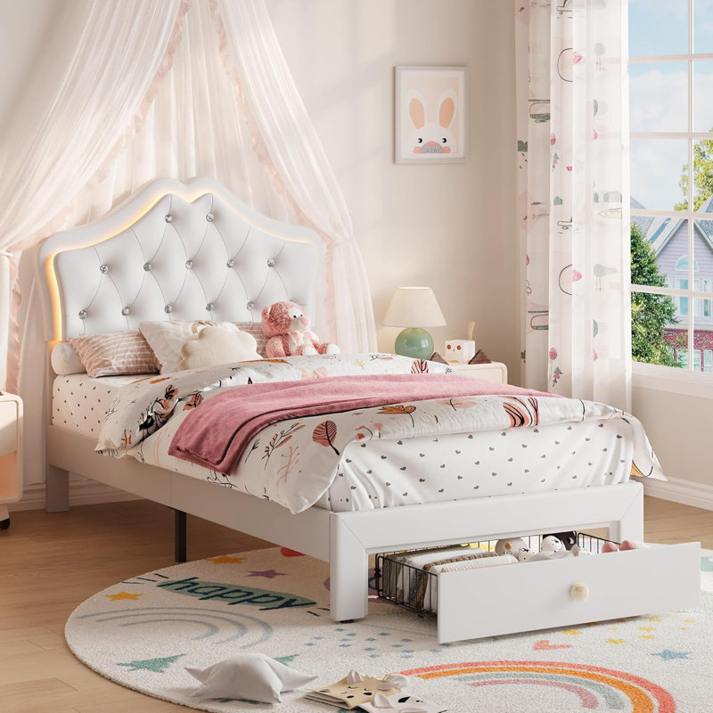 Twin Size Bed Frame with LED Lights & Velvet Crystal Button Headboard, Upholstered Princess/Girl Platform Bed with Storage Drawer, Noise Free, No Box Spring Needed for Kids, Teens, Pink