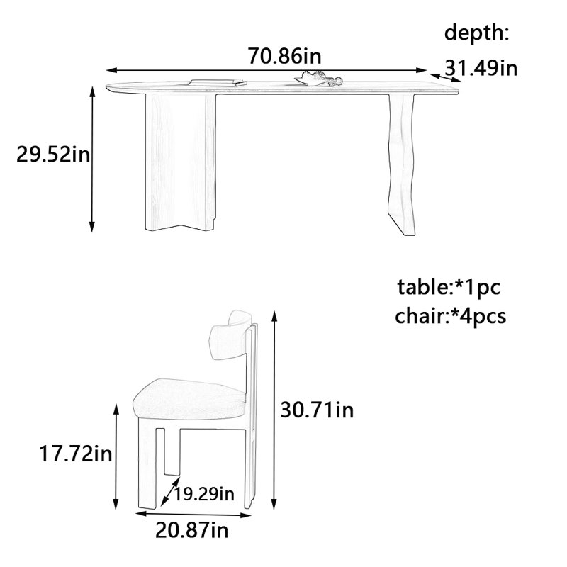 Ensemble de table et chaises Vintage, H 29,52 po x L 70,86 po x l 31,49 po
