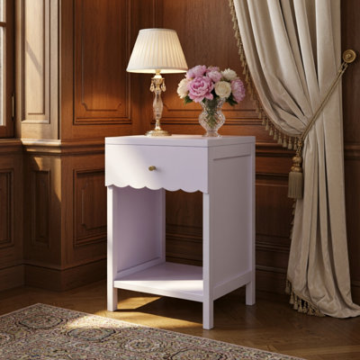 Table de chevet moderne avec tiroir et tablette ouverte, table de chevet festonnée pour la chambre à coucher, jolie table d'appoint minimaliste pour chambre d'enfant ou chambre de fille, mauve clair
