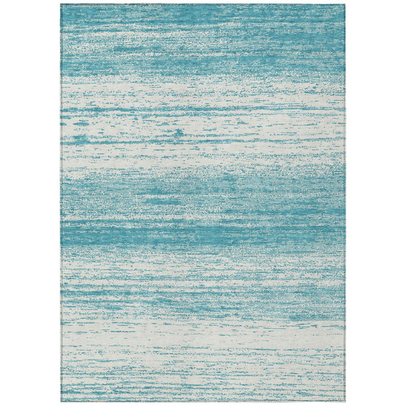 Tapis extérieur lavable rayé bleu sarcelle et ivoire 10 pi x 14 pi