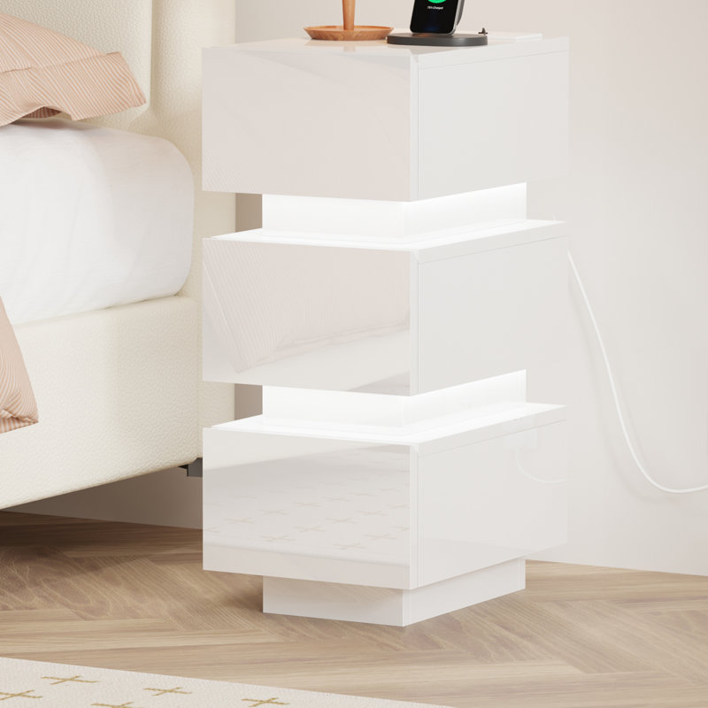 25 cm W Bedside Table, Led High Gloss White 3 Drawers