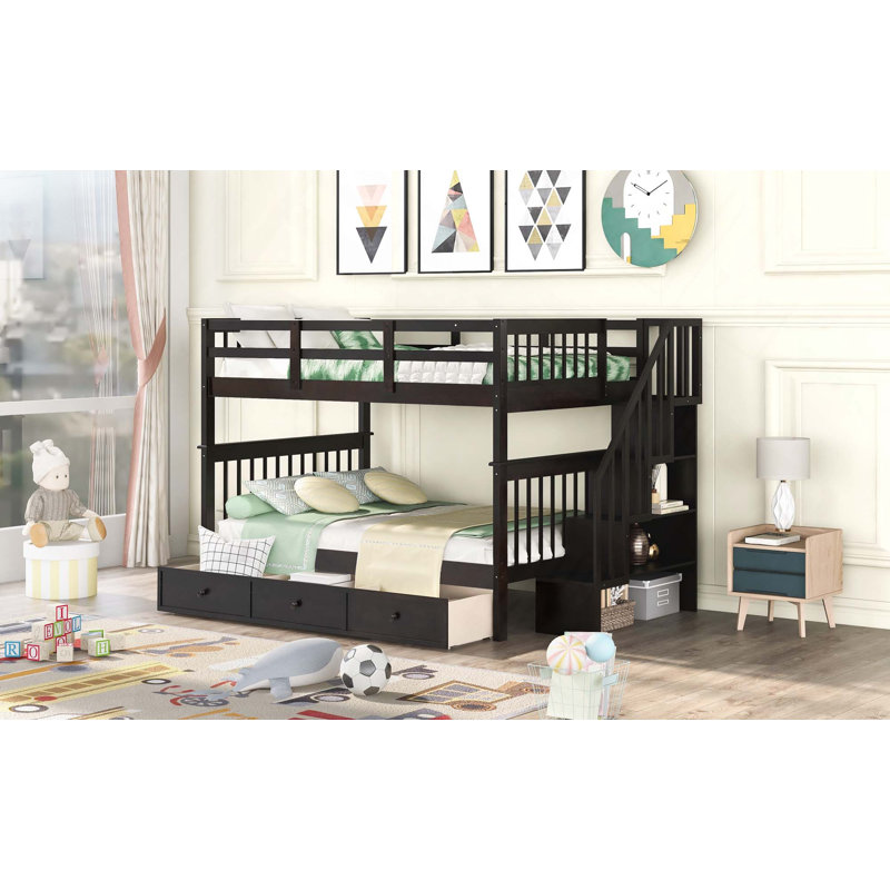 Lit superposé double sur escalier avec tiroirs de rangement, rangement et garde-corps pour la chambre à coucher, Espresso