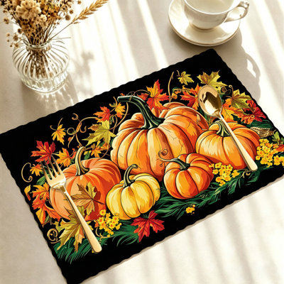 Autumn Placemats Set of 4 - Heat-Resistant Table Mats, for Indoor & Outdoor Dining,Orange Black Pumpkins Vines Leaves