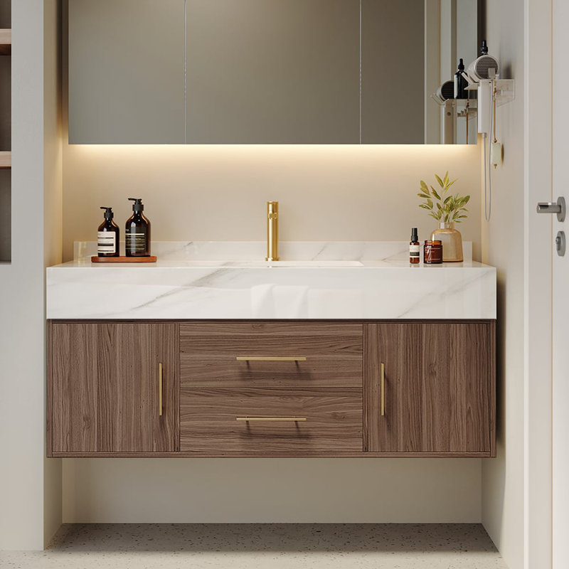 Ivanbrook Bathroom Vanity Set 39.4" Modern Floating Sintered Stone Bathroom Vanity Black with Sink, Walnut