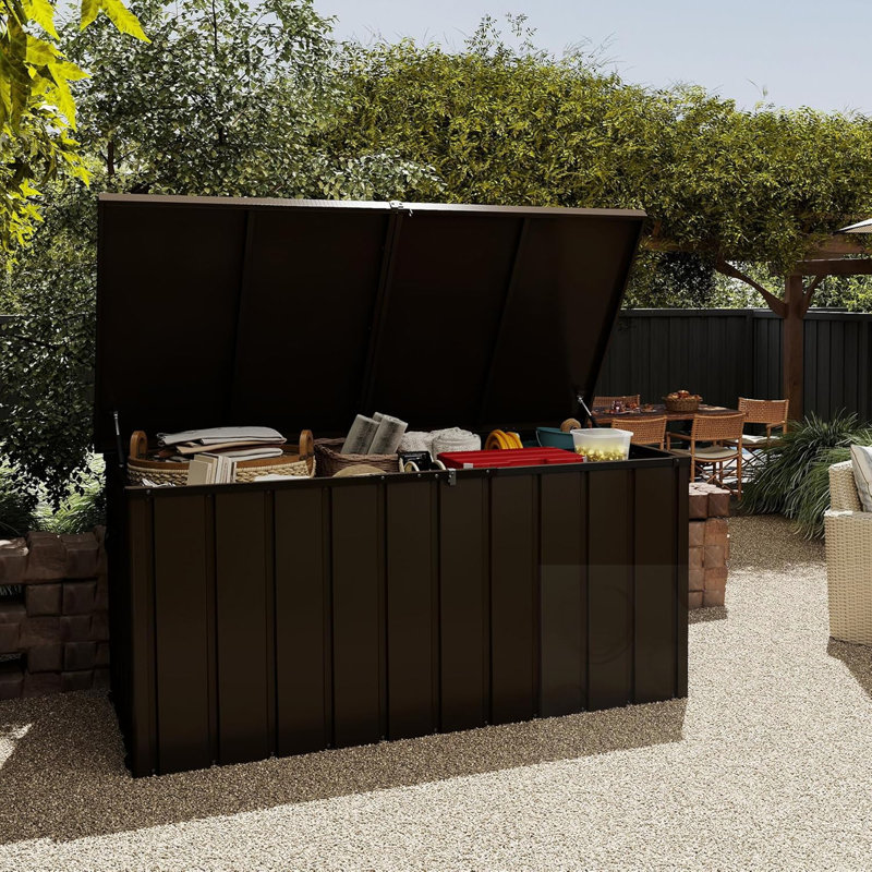Coffre de terrasse en métal 200 gallons avec couvercle verrouillable, Marron foncé