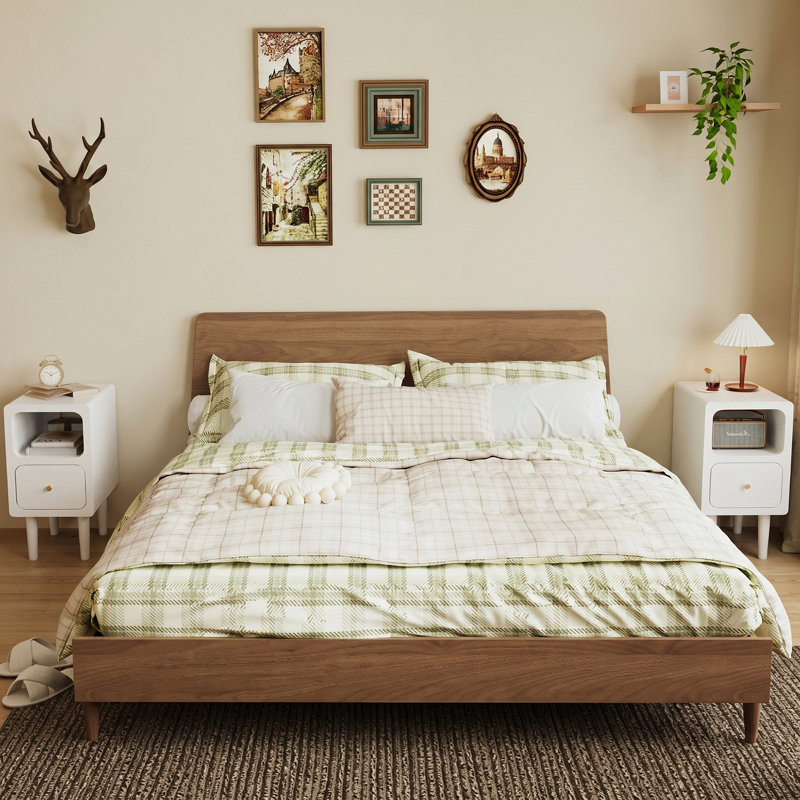 Table de chevet en bois massif - étroite, avec tiroirs et rangement ouvert, style Mid-Century moderne pour chambre à coucher