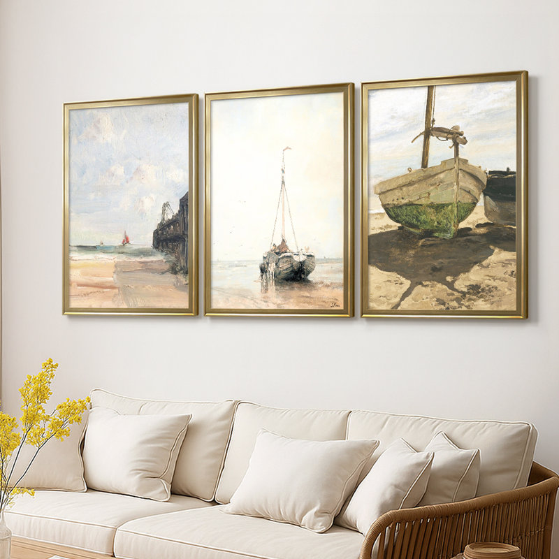 "Vintage Nautical Print", impression sur toile encadrée sur toile - 3 pièces, H 21 po x l 30 po, Doré