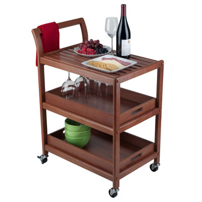 3 Tier Wooden Mobile Bar Cart With Lockable Wheels, Walnut