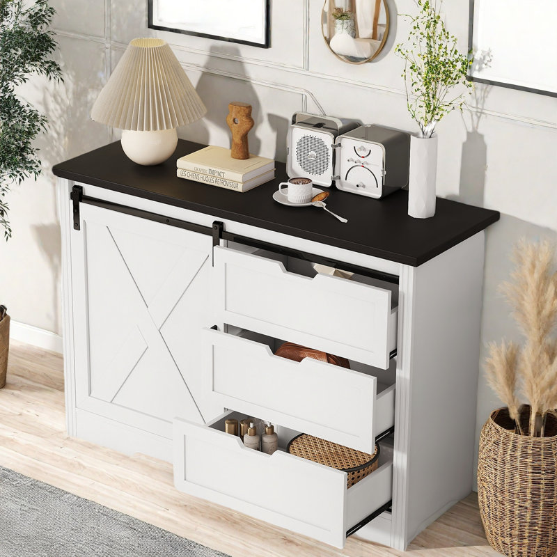 Farmhouse Sideboard With A Silent Sliding Door And Three Drawers, White/Black