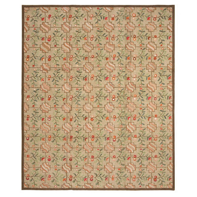 Tapis beige / vert / rouge en laine noué à la main de conception unique 9 pi x 12 pi