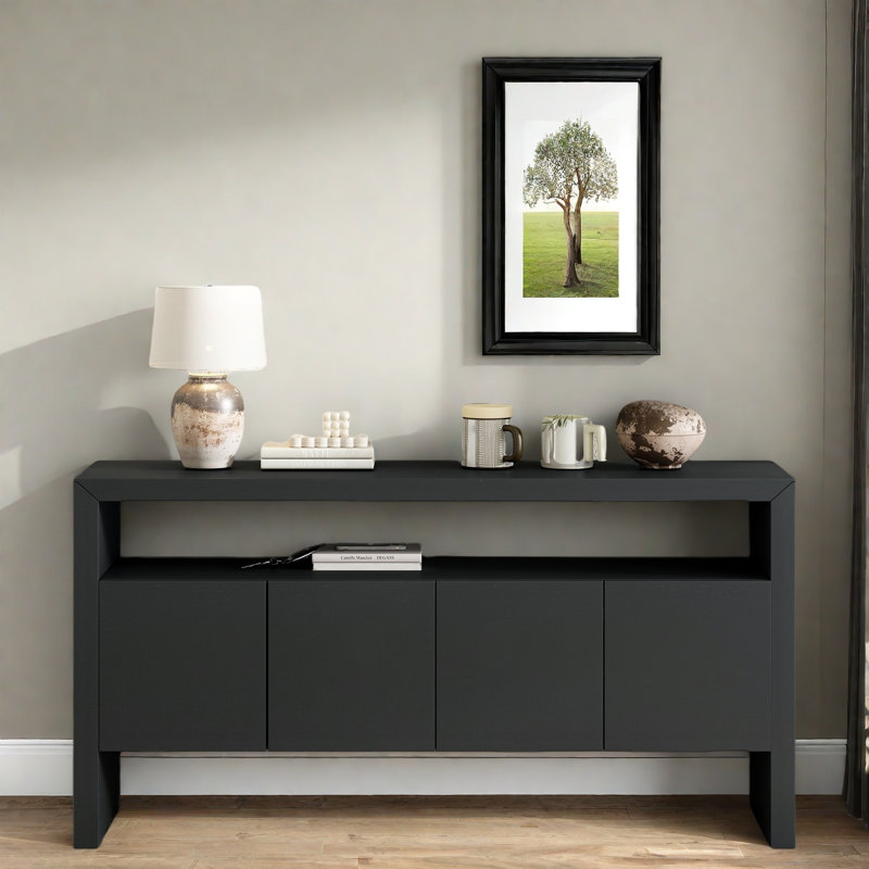 Console moderne à 4 portes avec tablette ouverte et grain de bois naturel, Noir