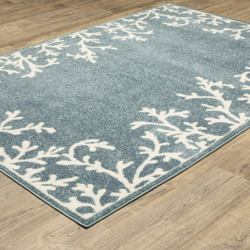 Tapis bleu / ivoire à bordure botanique Hennings, Rectangle 5 pi 3 po x 7 pi