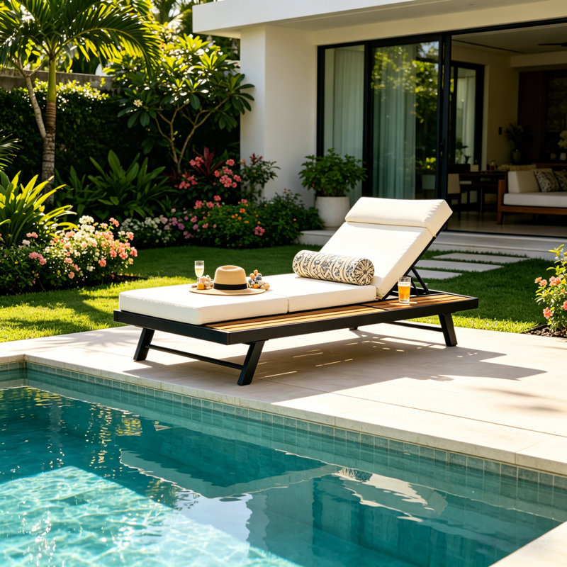 Méridiennes de patio réglables avec rangement, bord de piscine moderne en métal et bois