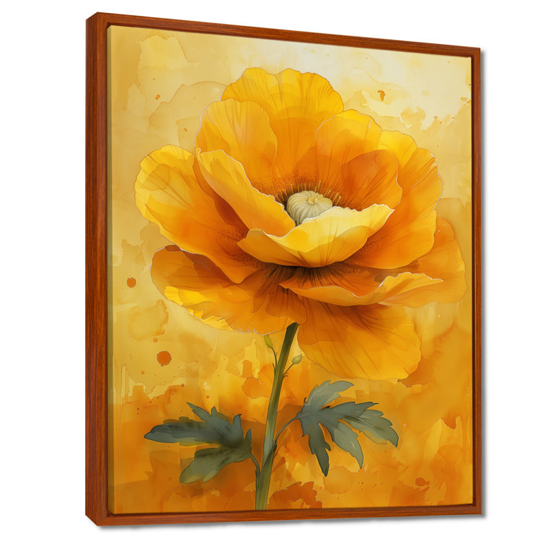 Jaune, jaune, doré, souci - décoration murale souci, H 30 po x l 40 po, Cadre flottant brun, bois massif