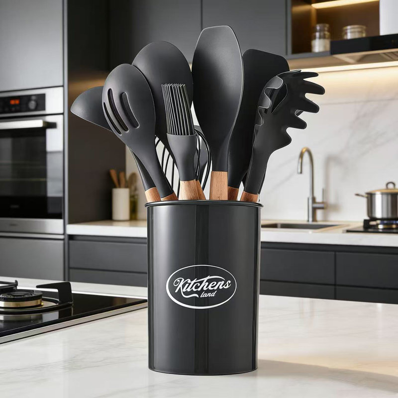 17 Stories 12 Piece Cooking Utensil Set with Utensil Crock, Dark Grey