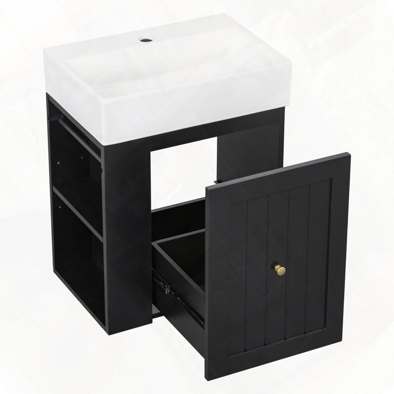 Meuble-lavabo moderne avec tiroir en céramique et tablette latérale, Noir