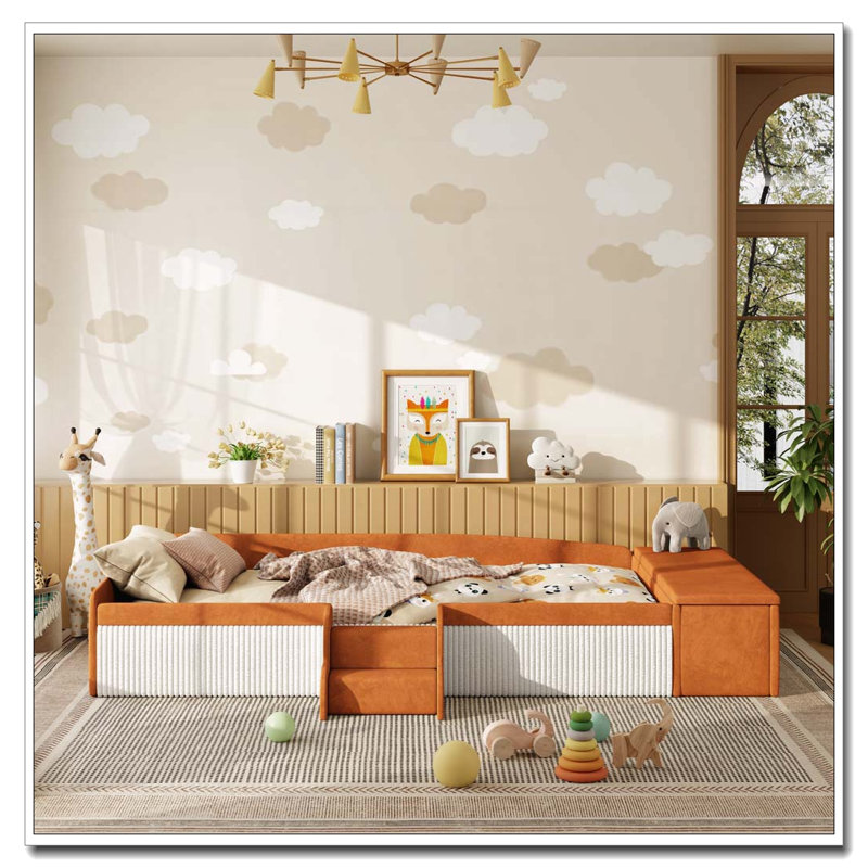 Velvet Upholstered Daybed with Stairs, Gas Lift Storage Ottoman, Brown+White, Twin
