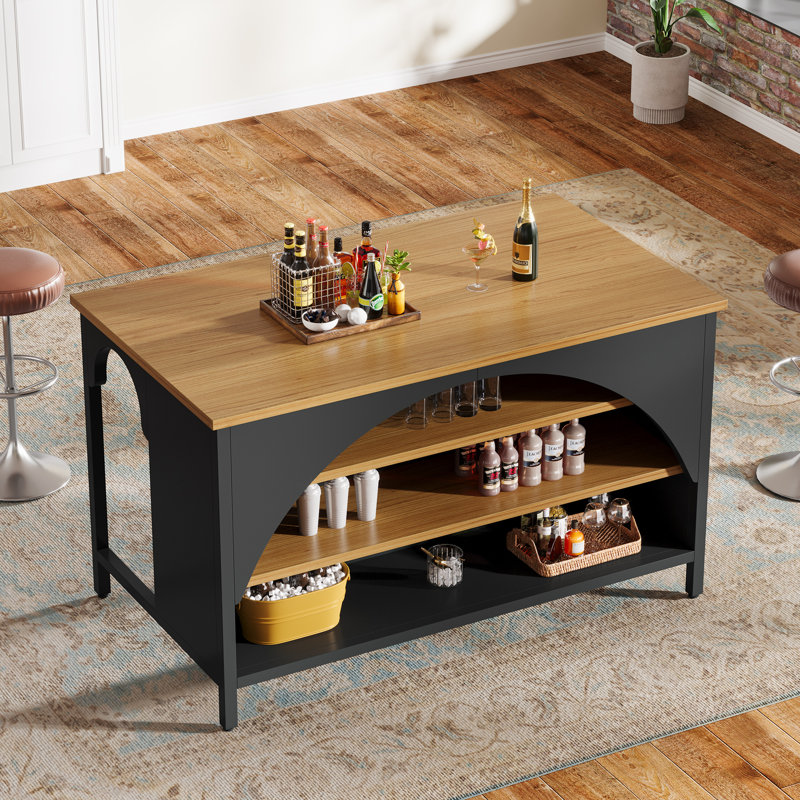 Table de bar à 3 niveaux avec rangement, table de pub moderne à hauteur de comptoir de 55 po pour cuisine Bistro, Brun / Noir