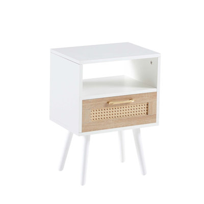 15.75" Rattan End table with  drawer and solid wood legs, Modern nightstand, side table for living room, bedroom, white