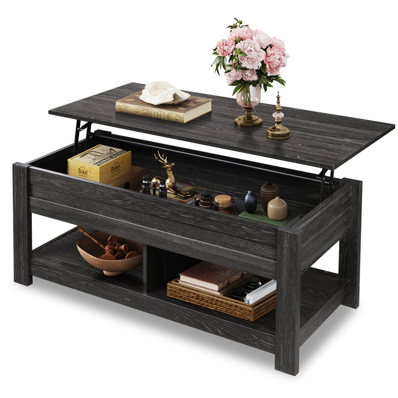 Table basse extensible à plateau relevable de 47,3 po Sparta avec rangement dissimulé et tablette ouverte, table basse à plateau relevable avec pieds stables, table de salon carrée avec rangement