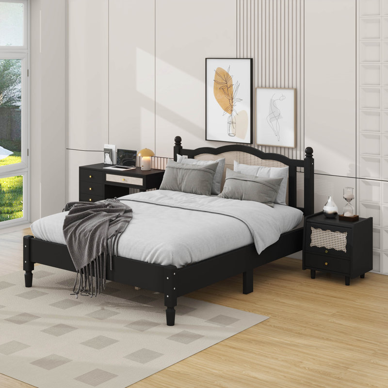 Ensemble de chambre à coucher 3 pièces avec cadre de lit en bois pleine grandeur, 1 table de chevet rétro et 1 coiffeuse de maquillage avec tabouret