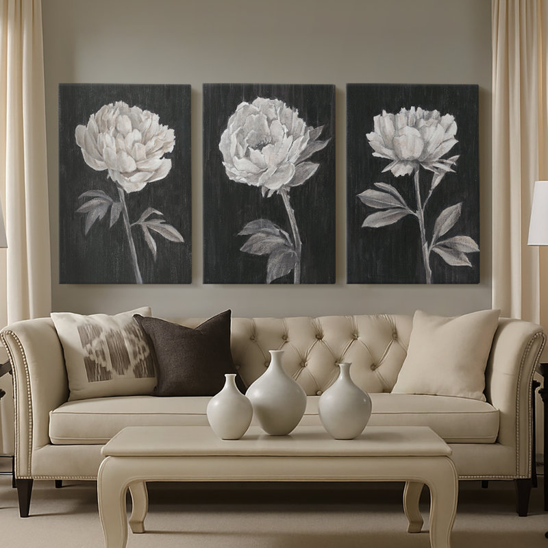 Fleurs noires et blanches I - Toile tendue avec châssis sur mesure - 3 pièces, H 36 po x l 72 po