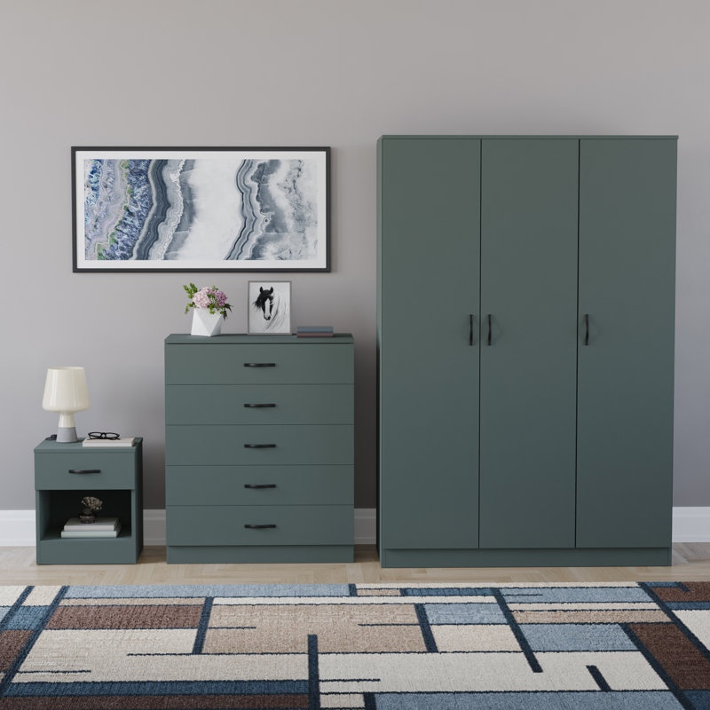 Maybery 3 Piece Bedroom Set (1 Drawer Bedside Chest, 5 Drawer Chest, 3 Door Wardrobe), (5), Green