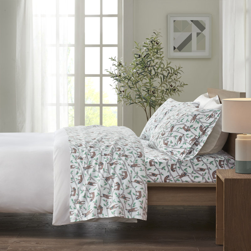 Cozy Flannel 100% Cotton Sheet Set, Queen Sheet Set with 2 Pillowcases, Multi Sloth