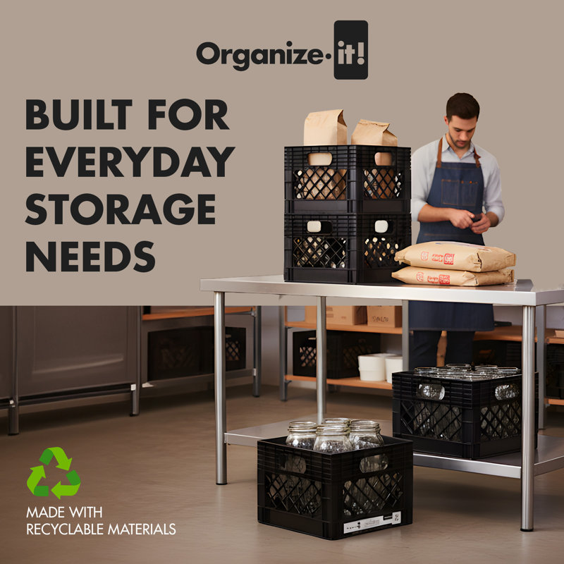 ORGANIZE-IT! Storage Milk Crate, Heavy-Duty Versatile Organizers, Black, 4 Pack, 11" H x 13.78" W x 13.62" D