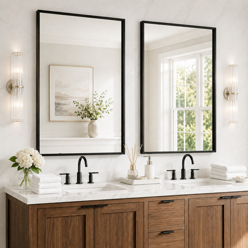 Ensemble de miroirs muraux modernes en verre trempé avec cadre en métal pour salle de bain, 30 po x 22 po, Or champagne