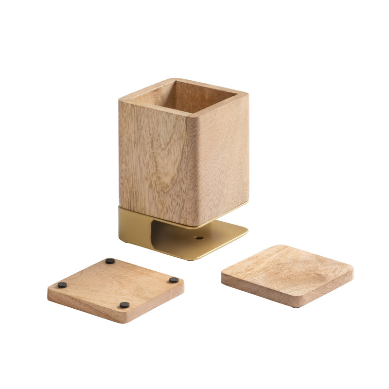 Porte-stylo en bois massif avec 2 sous-verres, Or / naturel