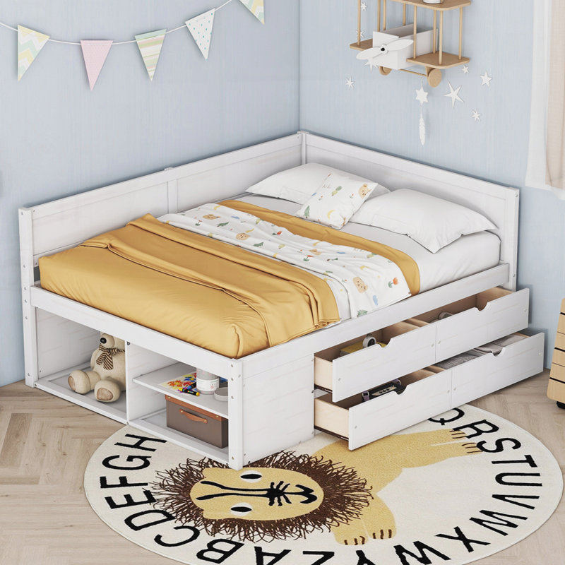 Modern Daybed with Drawers and Shelves, White, Full / Double