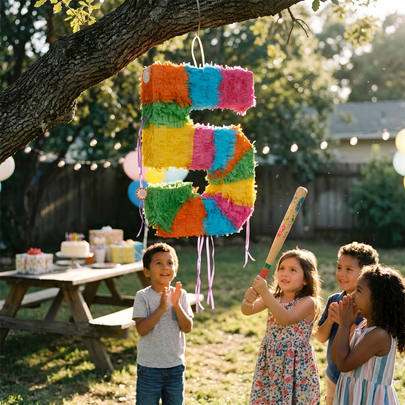 Fax Potato - Pinatas Number 5 Cardboard Pinata, Stick and Blindfold Set - W35cm x D7.5cm x H50cm - Multi