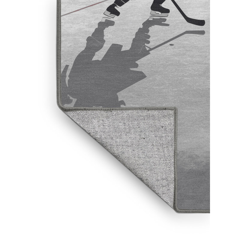 Machine Washable Aust Ice Hockey Faceoff Minimalist Geometric Rug in Gray – Gray Binding, 2x4