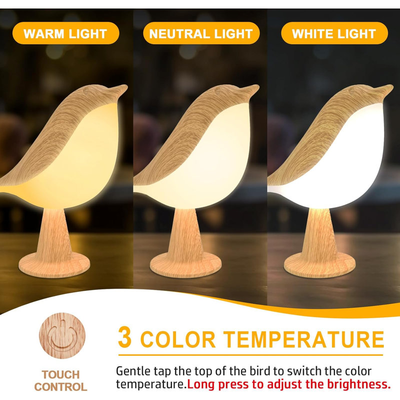 Cute Bird Lamps Combo,Small Bedside Lamps With 3 Colour Temperature And Adjustable Brightness, Maple/Red