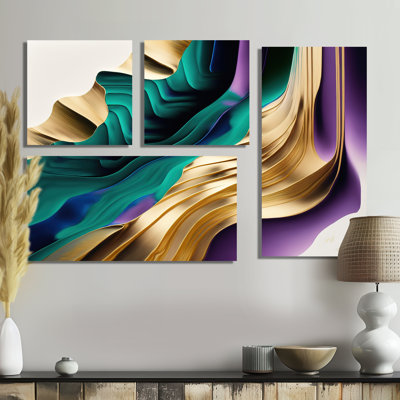 Mauve, vert et or audacieux III - grande décoration murale abstraite 4 pièces