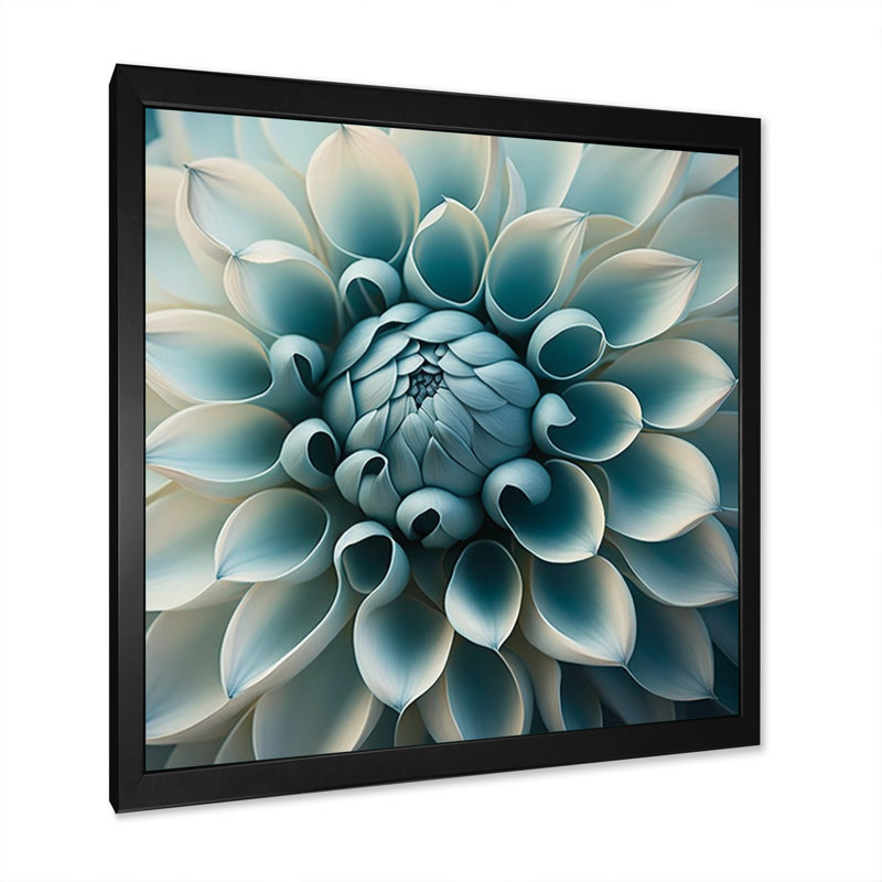 Bleu, blanc, fleurs de Dahlia I - art mural Dahlia, Cadre photo noir, H 16 po x l 16 po