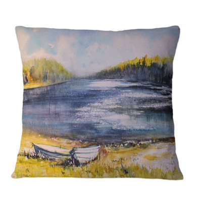 Landscape With Fishing Boats On Lake Coast - Nautical & Coastal Printed Throw Pillow