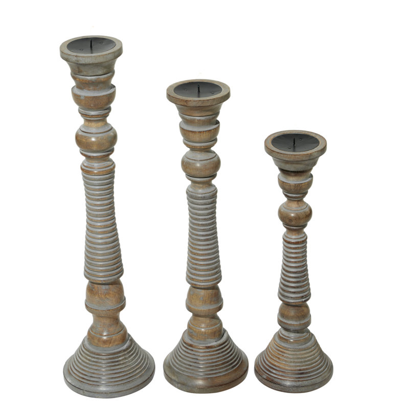 Ensemble de porte-bougie gris clair en bois de manguier