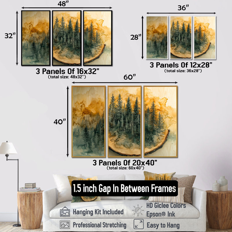 Forêt d'été sur la glissoire en bois III - Art mural encadré forêt - ensemble de 3, 28" H x 36" W, Brun